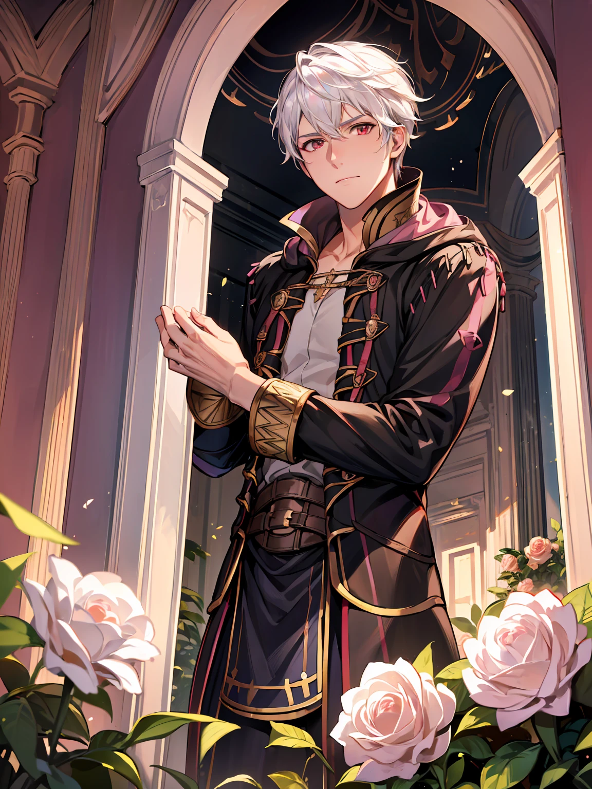 (absurdres, highres, ultra detailed, HDR), masterpiece, best quality, Robin, 1man, solo, handsome, white hair, vibrant brown eyes, finely eye and detailed face, fire emblem awakening, window, red curtains, pink roses