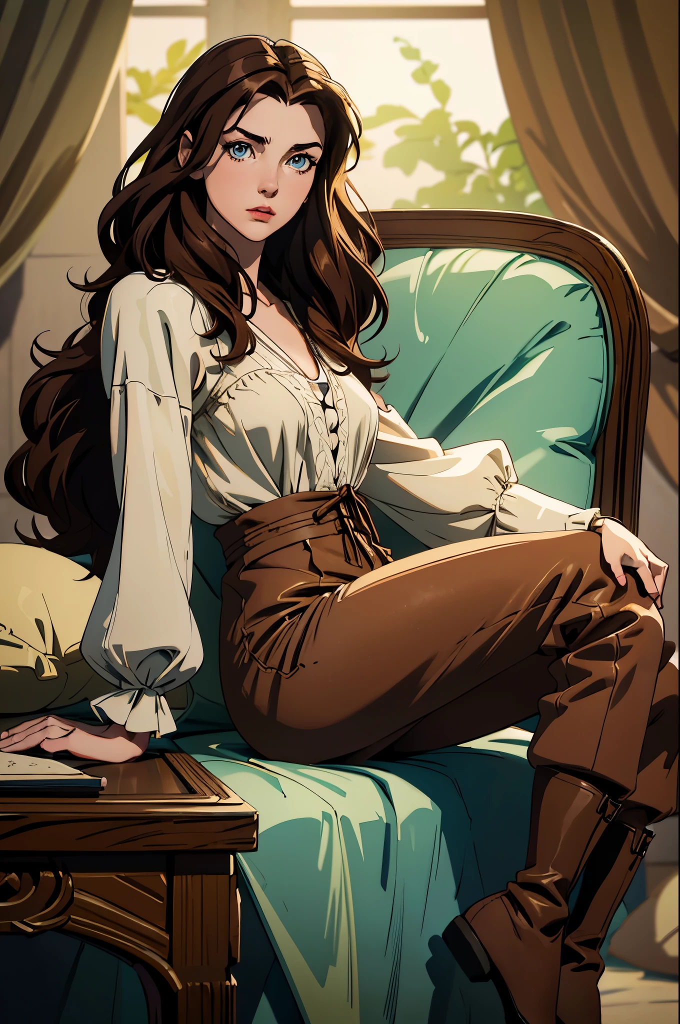 solo, ((masterpiece)),((high resolution)),((best quality)), extremely fine and beautiful, super fine illustration, (realistic skin), (insanely detailed anime eyes), mature, milf, vivid and beautiful, shocking sensation, incredibly detailed, beautiful detailed girl, (small supple breasts:1.0), front view, lounging, facing at viewer, brown hair, (human), (modest cotton tunic, linen pants, leather boots) ((brown hair)), (very long tied up hair), (small breasts:0.9), (plump thighs:0.6), (wide hips:0.6), movie lighting, perfect shadow, realistic lighting shaded, medieval scenery