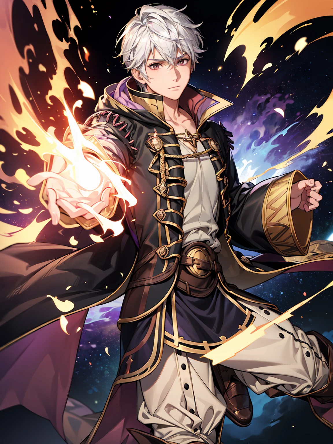 absurdres, highres, ultra detailed, HDR), masterpiece, best quality, Robin, 1man, solo, handsome, white hair, vibrant brown eyes, finely eye and detailed face, fire emblem awakening, magic circle, fire, powers