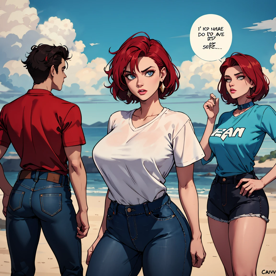 Mulher ruiva com seios grandes, rabo de cavalo, camisa vermelha, denim trousers, casual scenario she is leaning on something, a speech balloon, perfect eyes, perfect hands