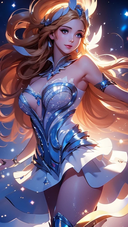 Schöne Odette aus Mobile Legends, wunderschönes Gesicht, süßes Lächeln, hübscheste Person, Alleine herumstehen, perfekter Körper, Perfekte Brust, himmlischer palasthintergrund, Vorderansicht, sie schaut in die Kamera, Halbkörperbild, Perfekte Anatomie, schöne Landschaft, UHD-Bild, 4k Hintergrundbild, Fotorealistische Bilder in bester Qualität