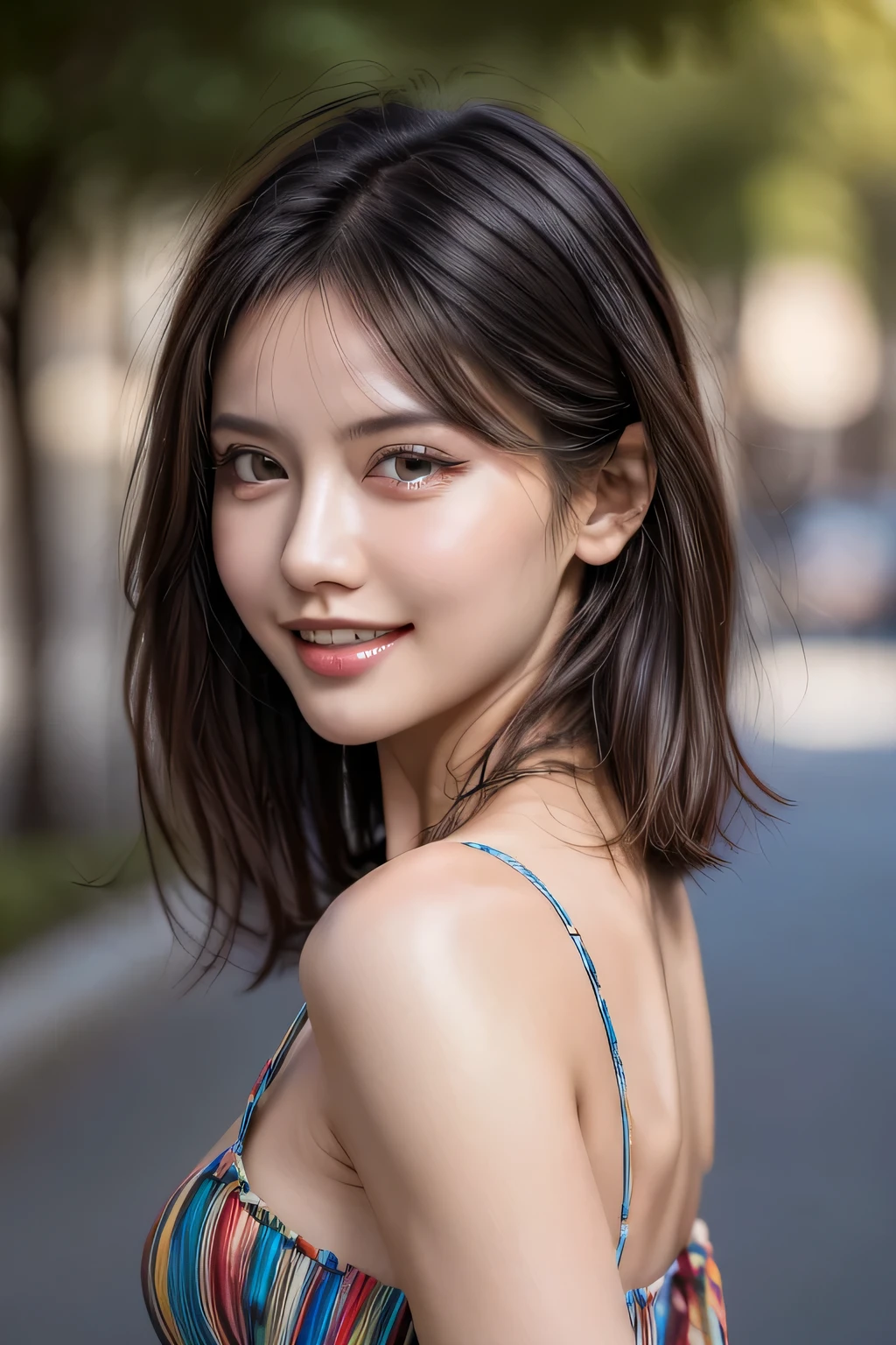 (8k, RAW Photos, highest quality, masterpiece, Realistic, Realistic), (1 female), (Ultimate beauty), Highly detailed face, (Perfect Teeth), Beautiful Eyes, double eyelid, eyelash, smile, Lip details, (Neat brunette bob), The light shines on your face, Big Breasts, ((Colorful mini dresses)), (Front view), (background: none),  Background blur