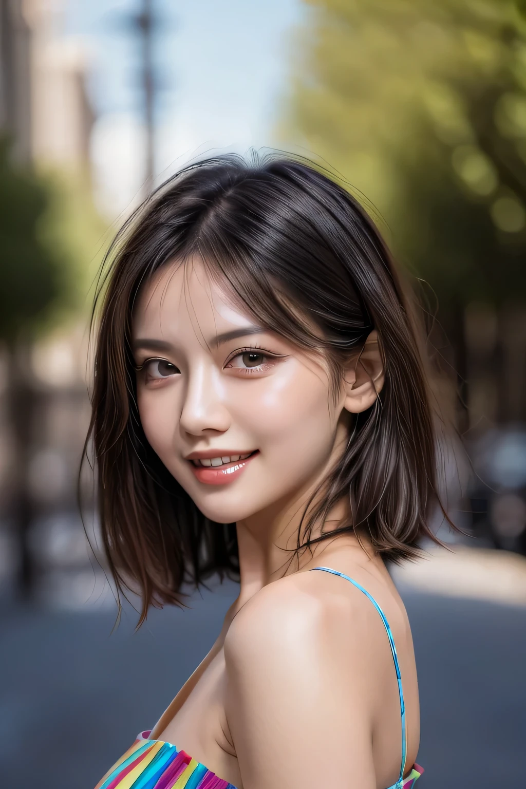 (8k, RAW Photos, highest quality, masterpiece, Realistic, Realistic), (1 female), (Ultimate beauty), Highly detailed face, (Perfect Teeth), Beautiful Eyes, double eyelid, eyelash, smile, Lip details, (Neat brunette bob), The light shines on your face, Big Breasts, ((Colorful mini dresses)), (Front view), (background: none),  Background blur