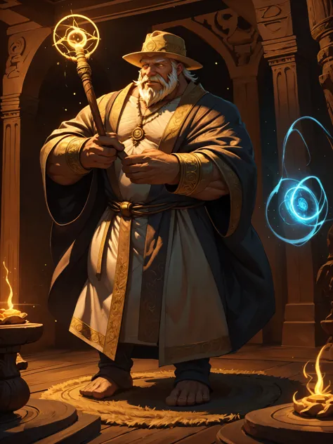 (huge, muscular, shirtless) old man wizard, (casting spell), (circle magic), (meadow), (detailed) eyes, (long beard), (long flow...