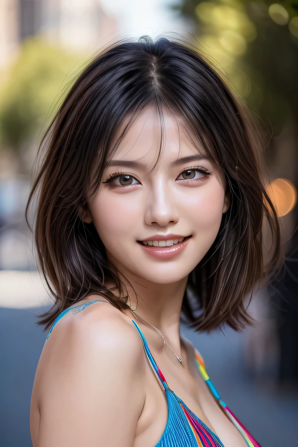 (8k, RAW Photos, highest quality, masterpiece, Realistic, Realistic), (1 female), (Ultimate beauty), Highly detailed face, (Perfect Teeth), Beautiful Eyes, double eyelid, eyelash, smile, Lip details, (Neat brunette bob), The light shines on your face, Big Breasts, ((Colorful mini dresses)), (Front view), (background: none),  Background blur