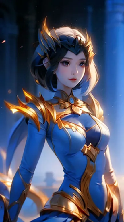 beautiful lunox from mobile legends, gorgeous face, sweet smile, prettiest person, standing alone, perfect body, celestial palac...