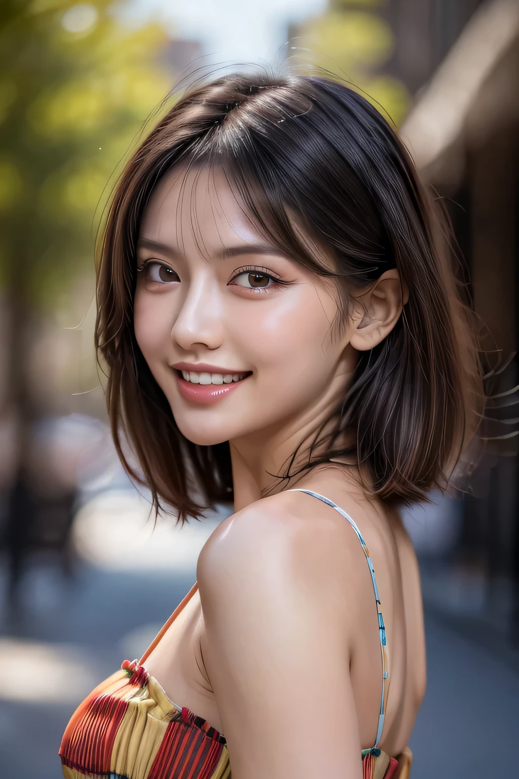 (8k, RAW Photos, highest quality, masterpiece, Realistic, Realistic), (1 female), (Ultimate beauty), Highly detailed face, (Perfect Teeth), Beautiful Eyes, double eyelid, eyelash, smile, Lip details, (Neat brunette bob), The light shines on your face, Big Breasts, ((Colorful mini dresses)), (Front view), (background: none),  Background blur