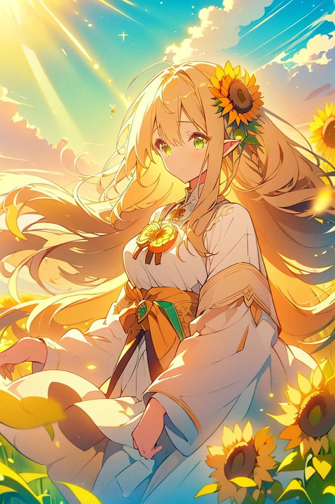 (masterpiece, best quality, highres:1.3), ultra resolution image, (1girl), (solo), kawaii, blonde hair, long flowing hair, elf, emerald eyes, gentle breeze, sunflowers, sunflower field, petal, sparkling magic, (soft sunlight:1.3), fantasy, nature accessories, happy