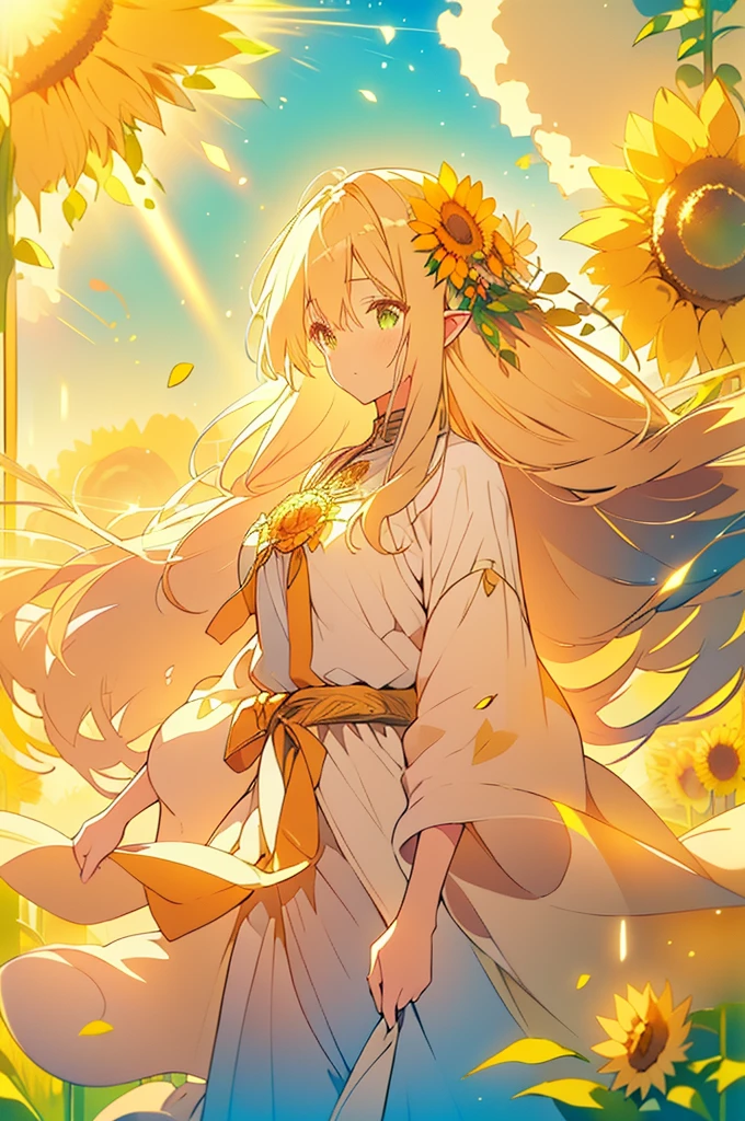 (masterpiece, best quality, highres:1.3), ultra resolution image, (1girl), (solo), kawaii, blonde hair, long flowing hair, elf, emerald eyes, gentle breeze, sunflowers, sunflower field, petal, sparkling magic, (soft sunlight:1.3), fantasy, nature accessories, happy