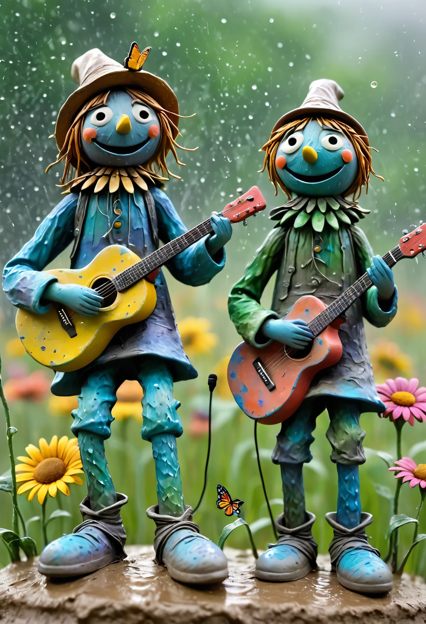 (best quality:1.2),ultra-light Clay, Clay, Pottery,  distressed, dirty, mineral pigments, 3D Clay sculpture art, Clay sculpture, Rough surface, (artwork，A band of tall scarecrows singing in the fields。Holding the microphone，Guitar，Long legs，Interesting concept art,)，Colorful butterflies in the air,Bokeh，Soft and beautiful picture，Rainy Day，dew