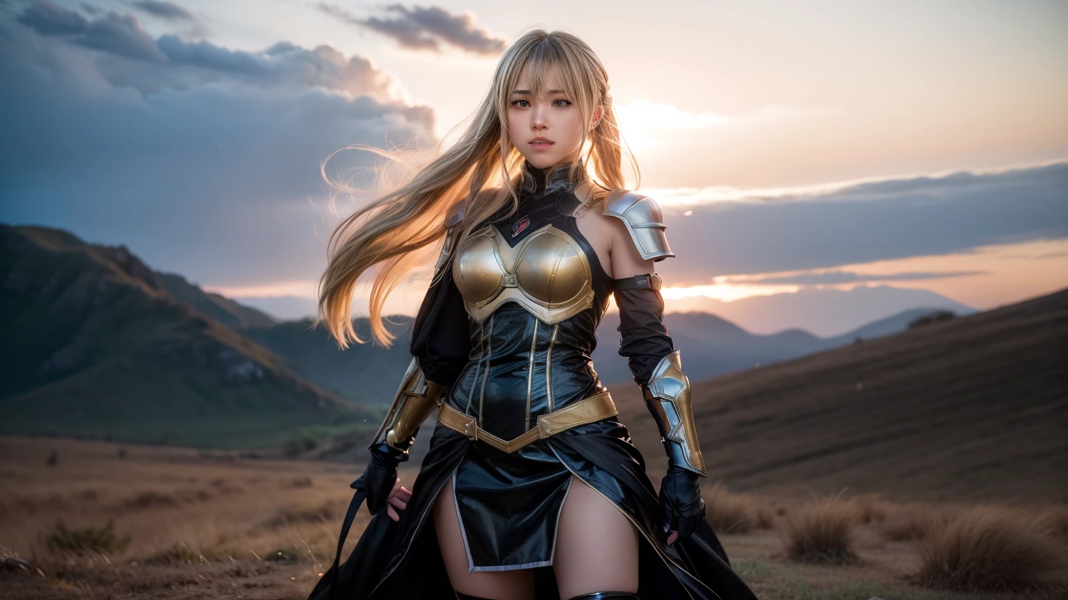 "Step into the world of Konosuba and envision a realistic portrayal of Lalatina, better known as Darkness. Imagine her standing amidst a vast, open field, the golden hues of the sunset casting a warm glow upon her armor-clad figure. Her posture is upright, yet there's a subtle tension in her stance, hinting at a readiness for battle. The intricate details of her armor catch the light, reflecting a sense of resilience and strength. But it's her eyes that draw you in – deep pools of determination, tinged with a hint of vulnerability. As the wind tousles her hair, strands of it dance gently around her face, framing features that speak of both nobility and earnestness. Despite the armor, there's a softness to her expression, a kindness that belies her warrior exterior. In the distance, the faint sounds of nature mingle with the rustle of leaves, creating a serene backdrop to this moment of introspection. You can almost feel the weight of her convictions, the inner conflict between duty and desire, as she gazes into the horizon with unwavering resolve. This portrayal captures Lalatina in a raw, authentic light, transcending the boundaries of animation to evoke a sense of realism and depth to her character." beatiful girl, perfect body, perfect face, perfect eyes, super fine body, super fine eyes, super fine face, perfect mouth, super fine mouth, blonde, kawaii