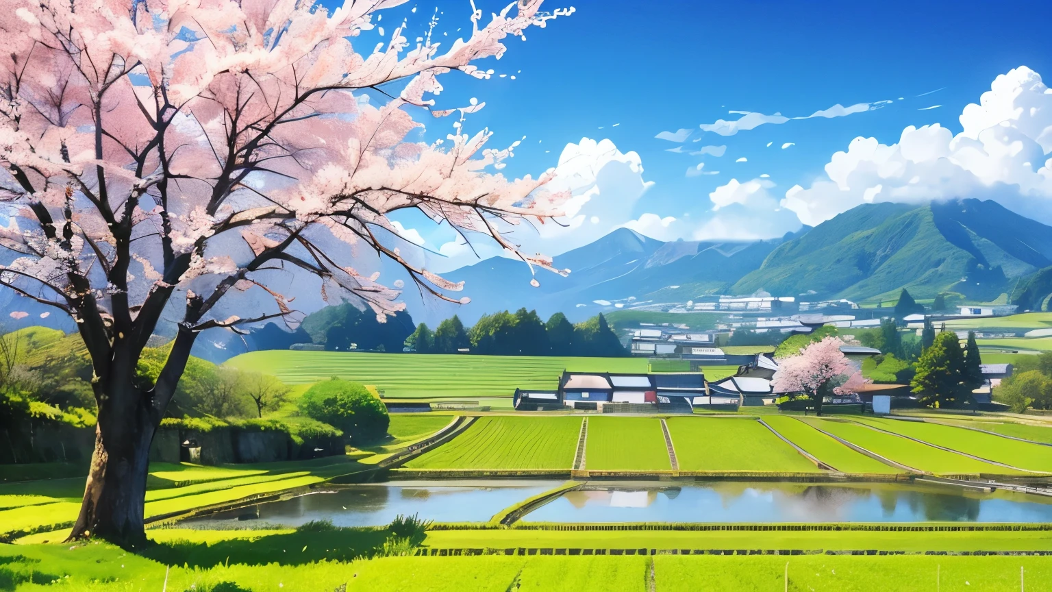 Japanese countryside scenery、Cherry tree、Gentle mountains、Paddy field、blue sky、