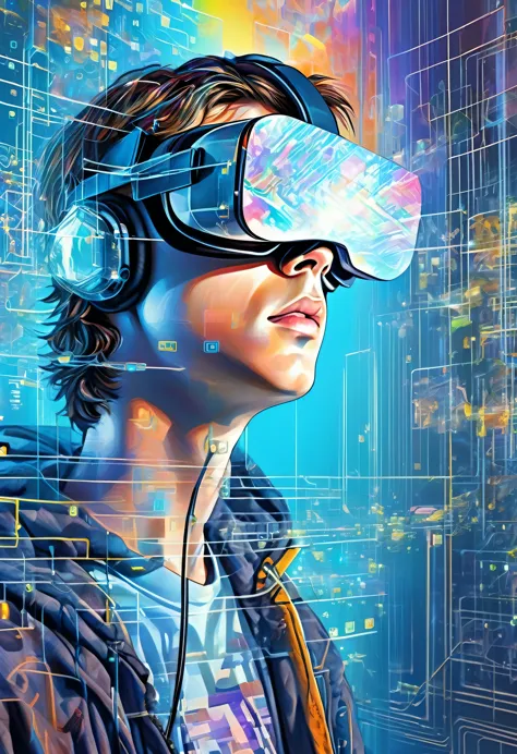 Digital painting, young man wearing VR glasses in a cyber environment, observing a screen, daylight, face reflected in the scree...