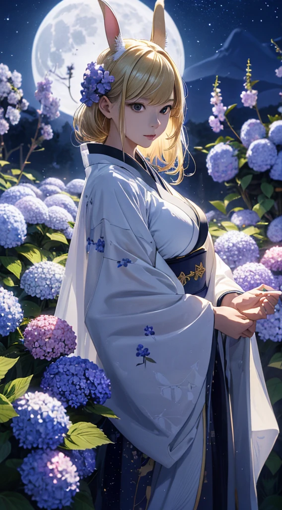 masterpiece, high quality, 4K, Beautiful design, silhouette，blonde， 非常に詳細な夜のStarry Sky,Hydrangea flower garden， wonderful, Finer details,  Very knowledgeable woman, Highly detailed solo, 1 female,Bunny ears，Big Breasts，White kimono，Night view，Starry Sky，full moon，