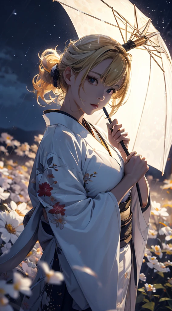 masterpiece, high quality, 4K, Beautiful design, silhouette，blonde， 非常に詳細な夜のStarry Sky,Flower Field， wonderful, Finer details,  Very knowledgeable woman, Highly detailed solo, 1 female,Bunny ears，Big Breasts，White kimono，Japanese Umbrella，rain，Night view，Starry Sky，full moon，