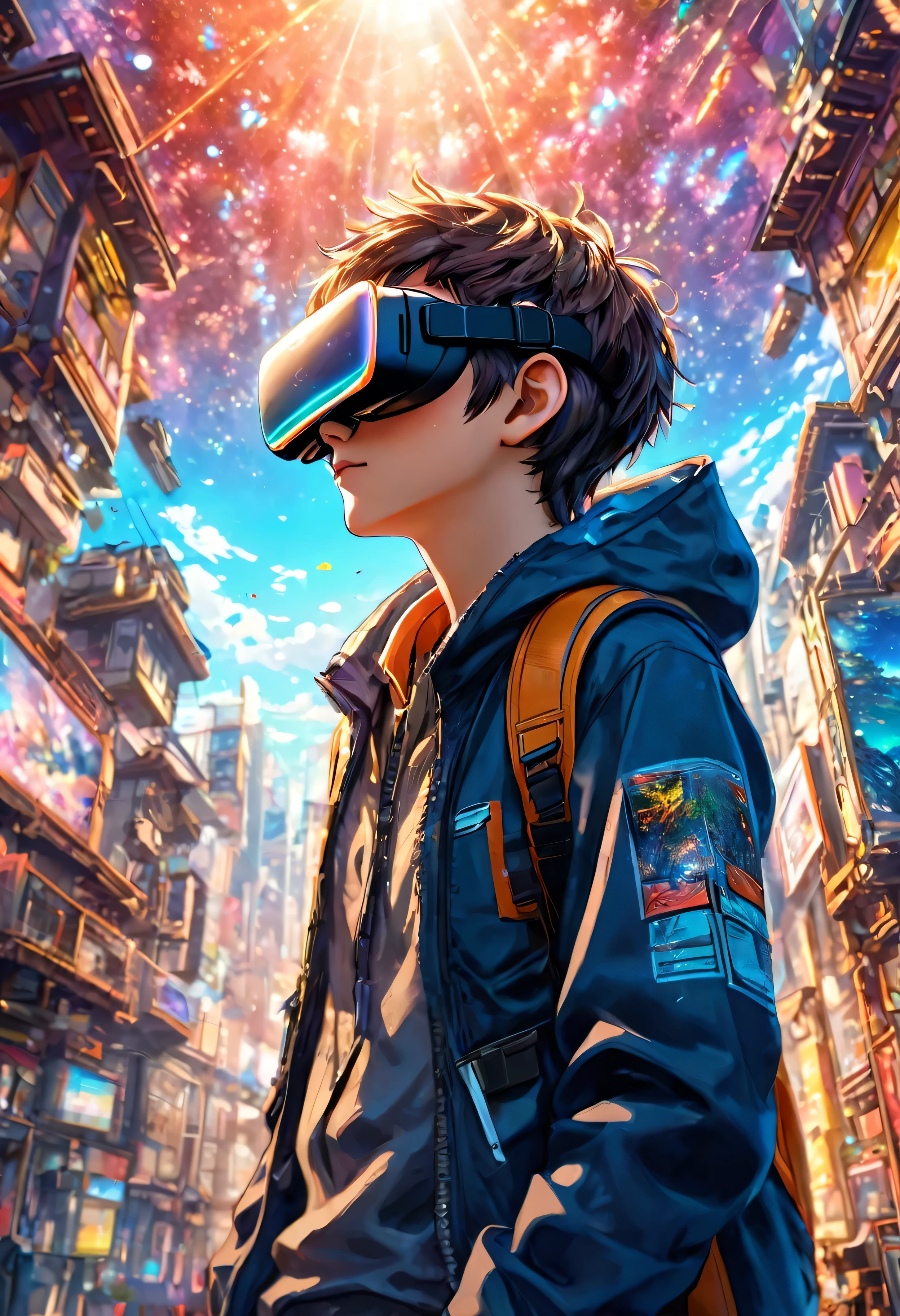 Anime boy ,with vr glasses, looking up, metaverse environment,ultra hd, realistic, vivid colors, highly detailed, UHD drawing, pen and ink, perfect composition, beautiful intricate details insanely detailed, octane rendering trend at art station , 8k artistic photography, photorealistic concept art, natural soft volumetric cinematic perfect light