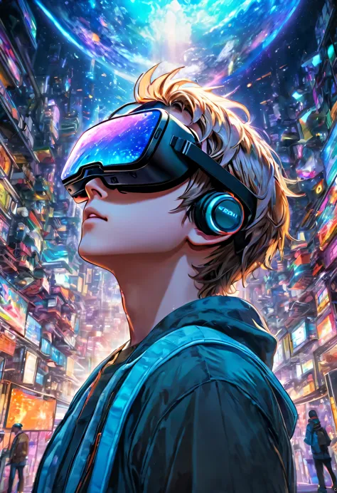 anime boy ,with vr glasses, looking up, metaverse environment,ultra hd, realistic, vivid colors, highly detailed, uhd drawing, p...