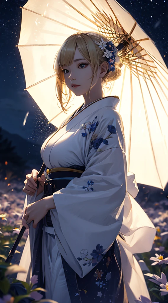 masterpiece, high quality, 4K, Beautiful design, silhouette，blonde， 非常に詳細な夜のStarry Sky,Flower Field， wonderful, Finer details,  Very knowledgeable woman, Highly detailed solo, 1 female,Bunny ears，Big Breasts，White kimono，Japanese Umbrella，rain，Night view，Starry Sky，full moon，