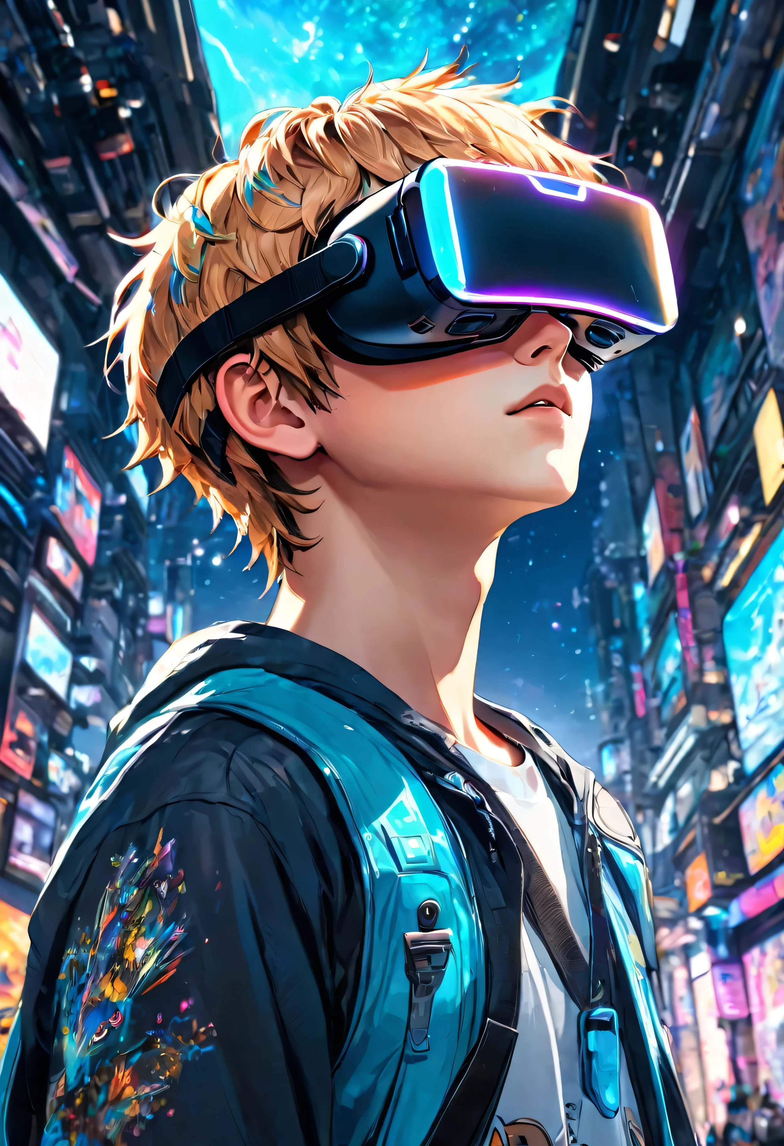 Anime boy ,with vr glasses, looking up, metaverse environment,ultra hd, realistic, vivid colors, highly detailed, UHD drawing, pen and ink, perfect composition, beautiful intricate details insanely detailed, octane rendering trend at art station , 8k artistic photography, photorealistic concept art, natural soft volumetric cinematic perfect light