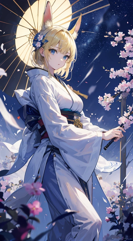 masterpiece, high quality, 4K, Beautiful design, silhouette，blonde， 非常に詳細な夜のStarry Sky,Flower Field， wonderful, Finer details,  Very knowledgeable woman, Highly detailed solo, 1 female,Bunny ears，Big Breasts，White kimono，Japanese Umbrella，rain，Night view，Starry Sky，full moon，