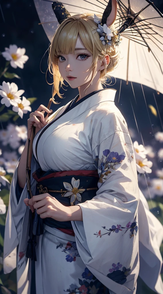 masterpiece, high quality, 4K, Beautiful design, silhouette，blonde， 非常に詳細な夜のStarry Sky,Flower Field， wonderful, Finer details,  Very knowledgeable woman, Highly detailed solo, 1 female,Bunny ears，Big Breasts，White kimono，Japanese Umbrella，rain，Night view，Starry Sky，full moon，