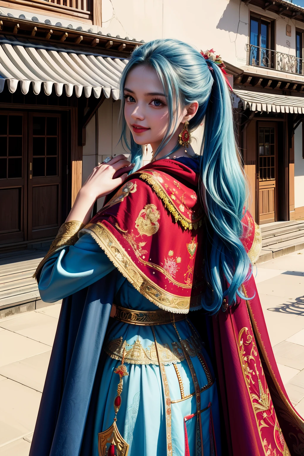 masterpiece, ((Very detailed背景, Delicate pattern, Intricate details)), (Very detailed, Fine details), highest quality, Beautiful lighting, (Portraiture), NefertariViviV3, One girl, Long Hair, Blue Hair, alone, jewelry, Earrings, ((Red Cape, White Dress, Simple Dress)), ponytail, hair ornaments, necklace, null, blue eyes, Complex and detailed background, outside, sunny, desert town environment, building, town, market, Hair lift, Put your hands behind your back, smile,  