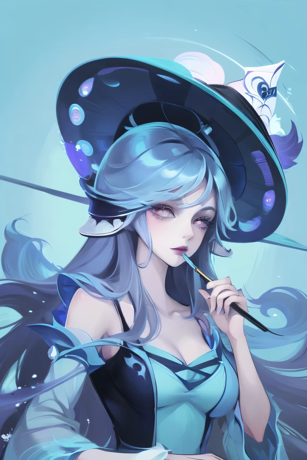 usando um chapéu de palha、Garota de anime de cabelo azul em um vestido azul, obras de arte no estilo de guweiz, lindo retrato de anime, Guweiz, linda garota de anime, beautiful estilo anime, Garota anime com cabelo azul-petróleo, estilo anime. 8K, Beauvot Estilo de Arte, lindas ilustrações digitais, linda pintura de personagem, retratos de rosto de anime impressionantes