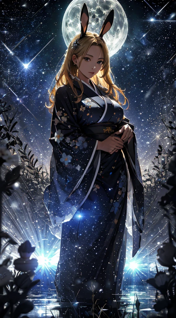 masterpiece, high quality, 4K, Beautiful design, silhouette，blonde， 非常に詳細な夜のStarry Sky,Flower Field， wonderful, Finer details,  Very knowledgeable woman, Highly detailed solo, 1 female,Bunny ears，Big Breasts，White kimono，Night view，Starry Sky，full moon，