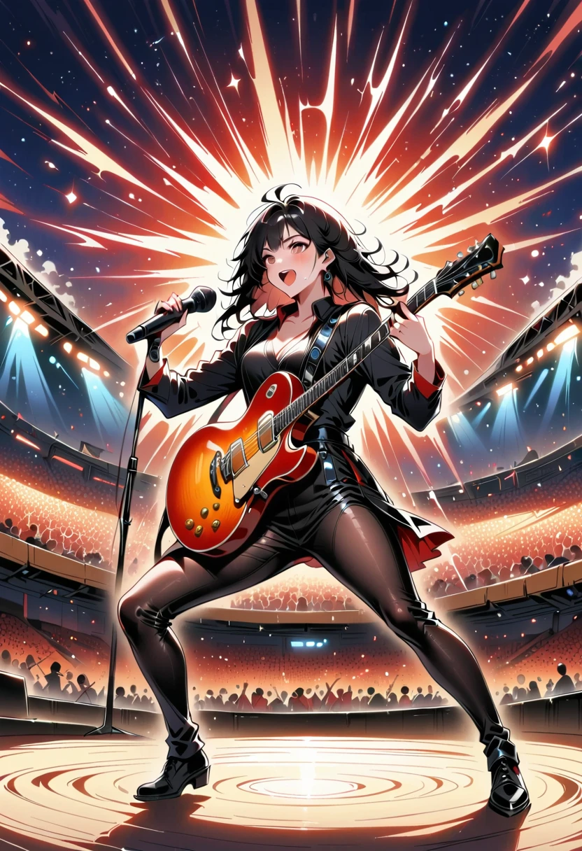 (best quality,4K,8K,high resolution,masterpiece:1.2),Ultra Detailed,(Practical,photoPractical,photo-Practical:1.37),Rock Star,singer,guitar,,Black,Tight,Gold embellishment,spacewalk,hysterical singing,Stage lighting,rebellious,glitch art,Vibrant colors,Energetic performance,Electrical atmosphere,loud music,Screaming fans,Huge speakers,Fiery Explosion,Dynamic poses,Smoke and fog effects,Expressive face,rotating light,flash,Dark background,edgy style,wild hair,Microphone stand,guitar声音失真,rock music,celebrity,电guitar独奏,Huge concert stage,Strutting on stage,condescending,emotional intensity,Powerful drum beats,Electricity,stage fireworks,Powerful sound performance,The stadium is full of people,thousands of fans,Noisy crowd,flash,Electrical atmosphere,sweaty and Energetic performance,legendary figures,Acting,Standing ovation