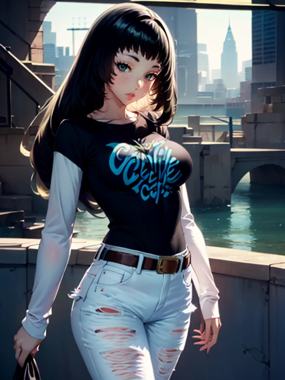 celinefe, 1girl, solo, standing, black t-shirt, white shirt, blue jeans, belt, lipstick, large breasts, layered sleeves