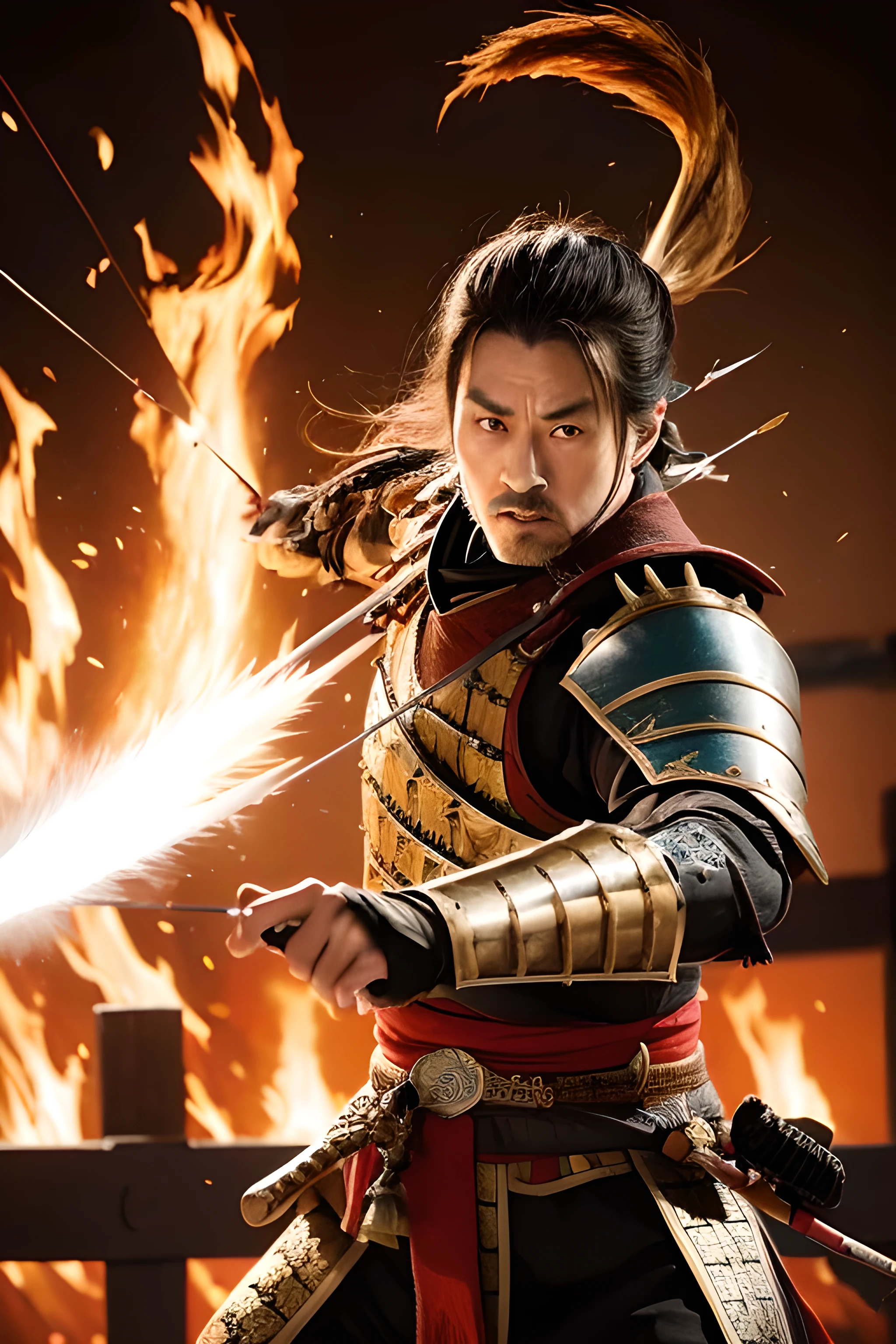 History painting, Action Painting, (Honnoji no hen, Oda Nobunaga, suicide), Japanese Samurai, male, Elegant and dignified々Funny face, brave, strict, armor, Warrior pocket, Japanese sword, Japanese Bow and Arrow, The approaching flames, Burning Temple, Cowboy Shot, 