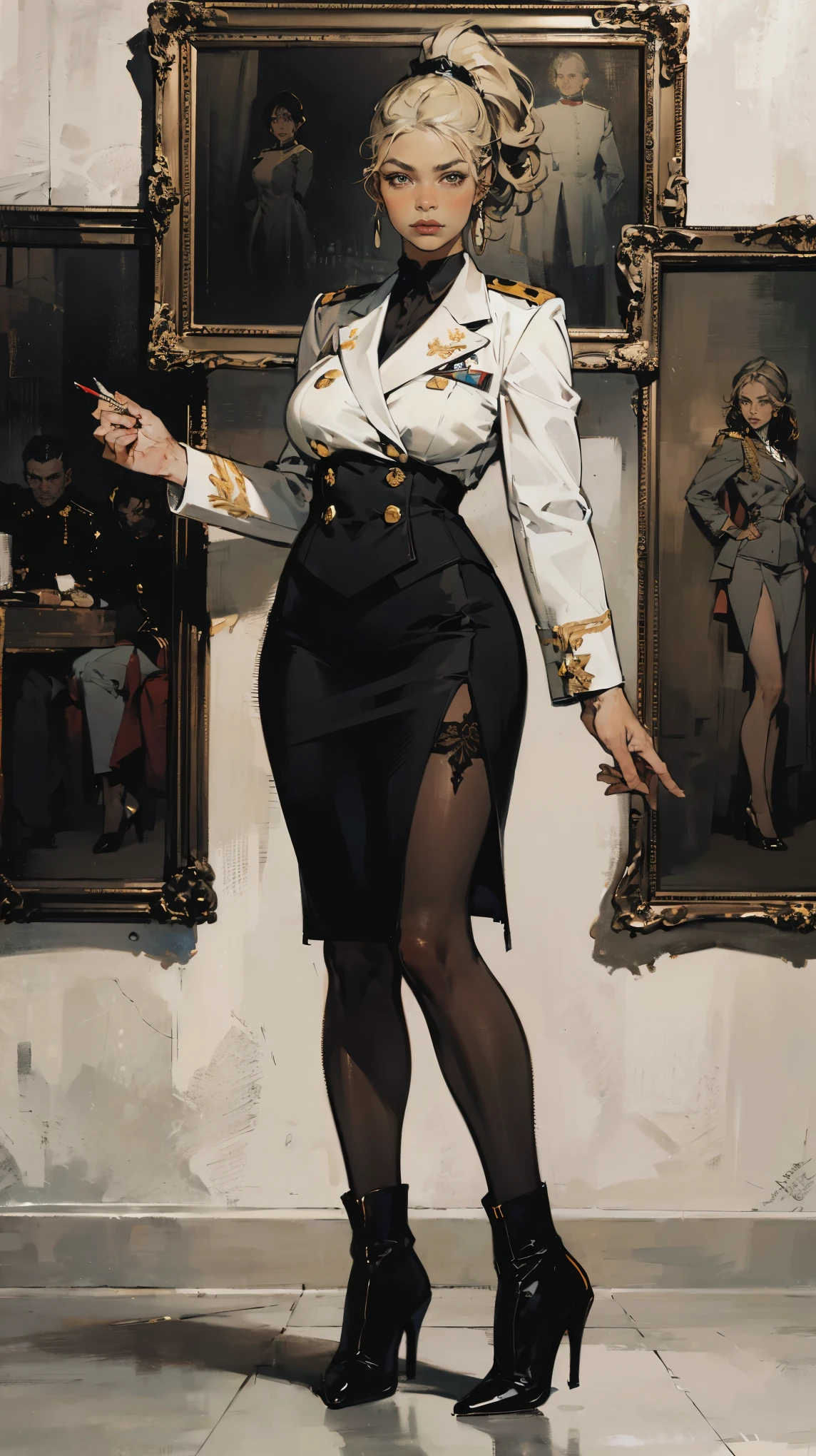 (Best quality, 4K, high resolution, masterpiece, ultra-detailed, realistic anatomy, photo-realistic:1.37), araffe attractive young woman, senior military officer, (wearing Prussian Hussar uniform), (light gray double breasted blazer jacket), (black pencil skirt), Prussian Deaths Head cap, black stocking, heel boots, blonde hair, high ponytail hair style, standing confidently, This full-body portrait captures her strength and authority, with sharp focus on her uniform's details and her commanding gaze, The image evokes an aura of discipline and respect, set against a military backdrop,