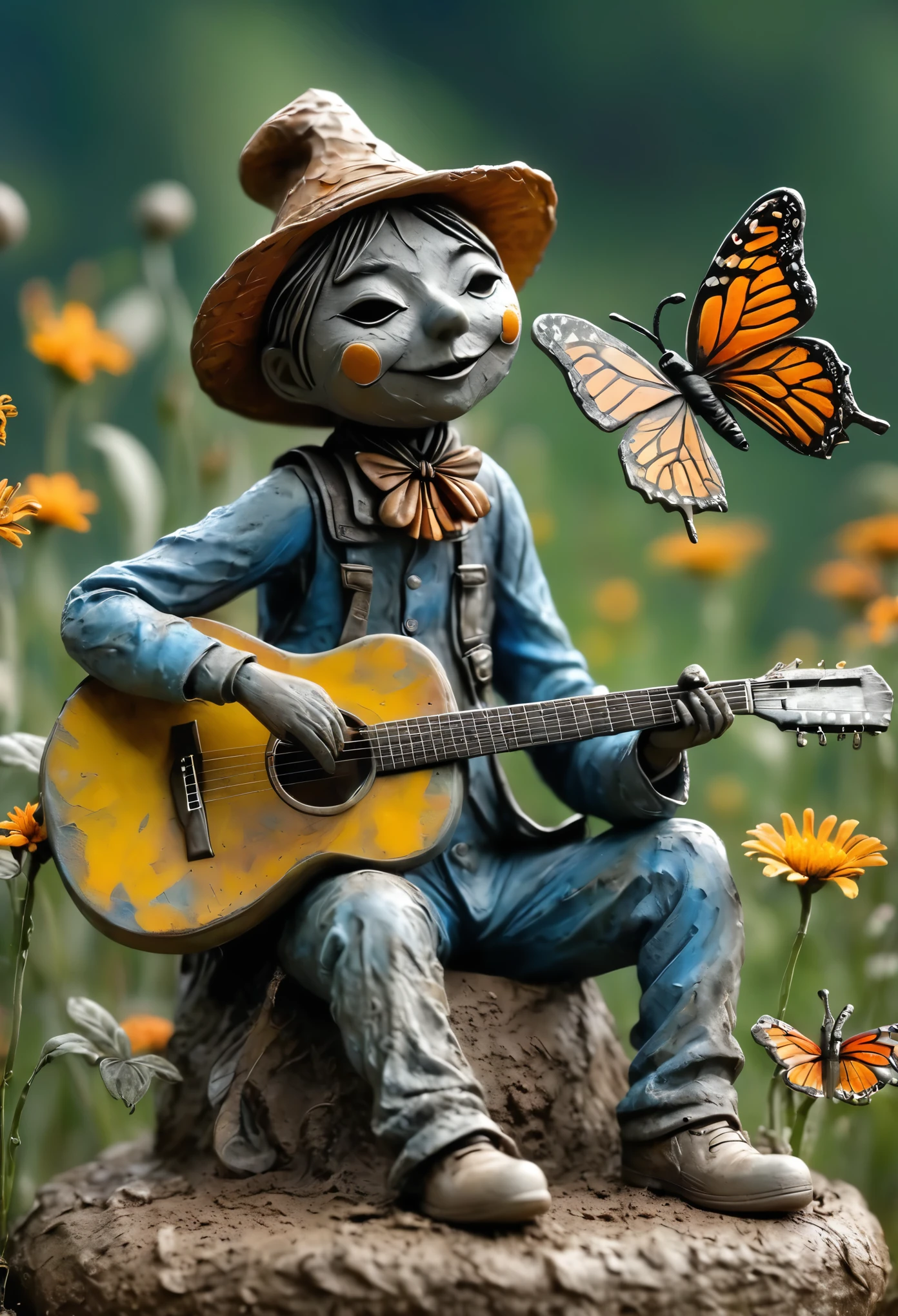 (best quality:1.2),ultra-light Clay, Clay, Pottery,  distressed, dirty, mineral pigments, 3D Clay sculpture art, Clay sculpture, Rough surface, (artwork，A group of tall scarecrows singing in the field。Hold the microphone，Guitar，Long legs，Interesting concept art,)，Attracts many butterflies，surrounded by butterflies，Butterfly watching，,Bokeh，Gentle and beautiful pictures，Rainy Day，dew