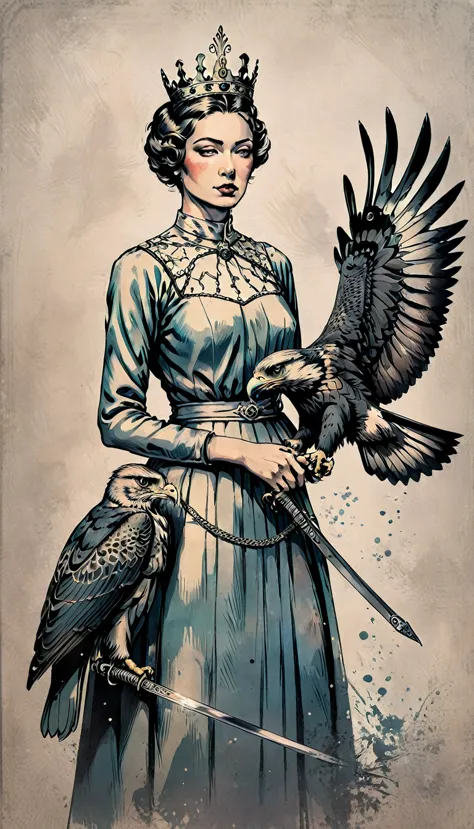 tarot card, chiaroscuro technique on sensual illustration of an queen of sword, Piercing Gaze, vintage queen, eerie, matte paint...