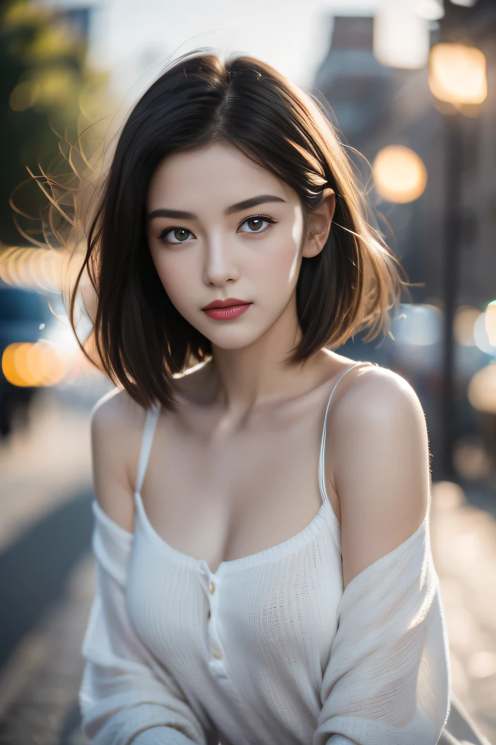 (Half-length photo,streetlight,moon),masterpiece, 1 Girl, Solo exhibitions, Beautiful woman on the busy street, Surrounded by vendors, Beautiful goddess girl portrait, Beautiful and detailed face, Porcelain skin, (((Half-length photo, center, night, Black Hair, short hair)), Super soft light, symmetry, complex, grace, High Detail, realism, Art, concept Art,