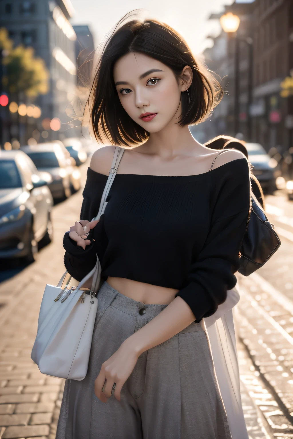 (Half-length photo,streetlight,moon),masterpiece, 1 Girl, Solo exhibitions, Beautiful woman on the busy street, Surrounded by vendors, Beautiful goddess girl portrait, Beautiful and detailed face, Porcelain skin, (((Half-length photo, center, night, Black Hair, short hair)), Super soft light, symmetry, complex, grace, High Detail, realism, Art, concept Art,