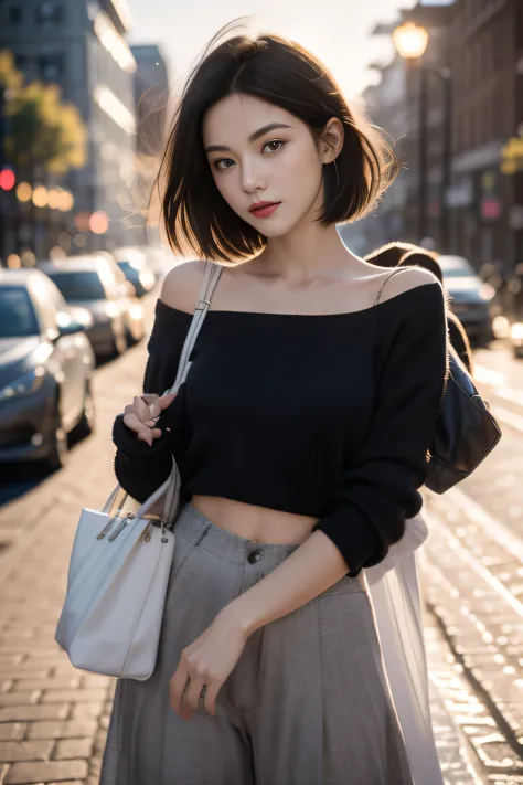 (Half-length photo,streetlight,moon),masterpiece, 1 Girl, Solo exhibitions, Beautiful woman on the busy street, Surrounded by ve...