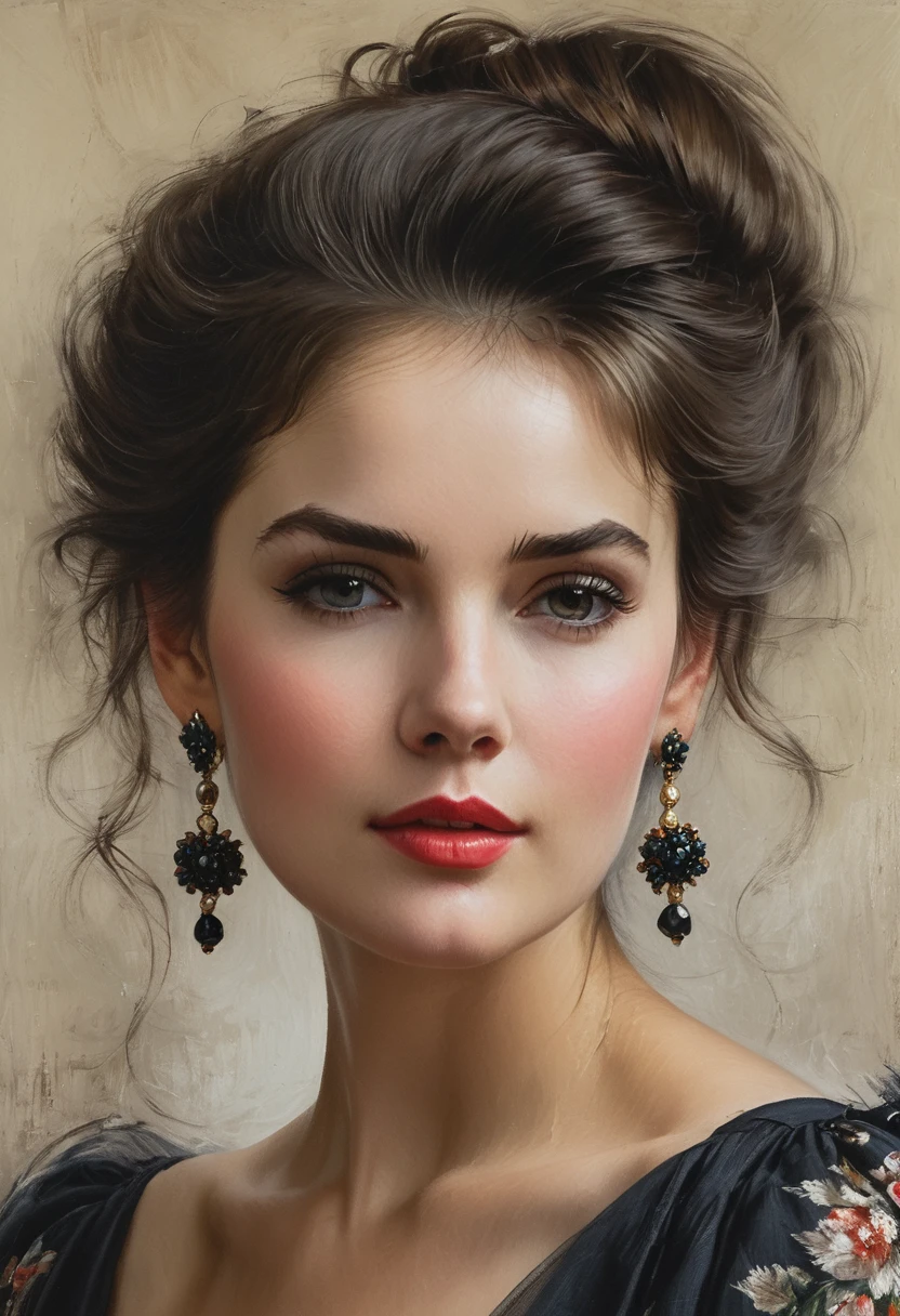 
Close-up, half body of a beautiful woman, dark tousled hair pinned up in a vintage dress, large earrings, oil on linen, oil on canvas, hyper realistic oil painting, 
visually stunning, realistic oil painting, trending on Artstation, hyper quality, ultra detail, Charlie Style Bowater, Konstantin Razumov, Vladimir Volegov, 8k, masterpiece, 
best quality