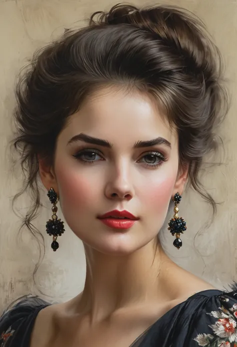
Close-up, half body of a beautiful woman, dark tousled hair pinned up in a vintage dress, large earrings, oil on linen, oil on ...