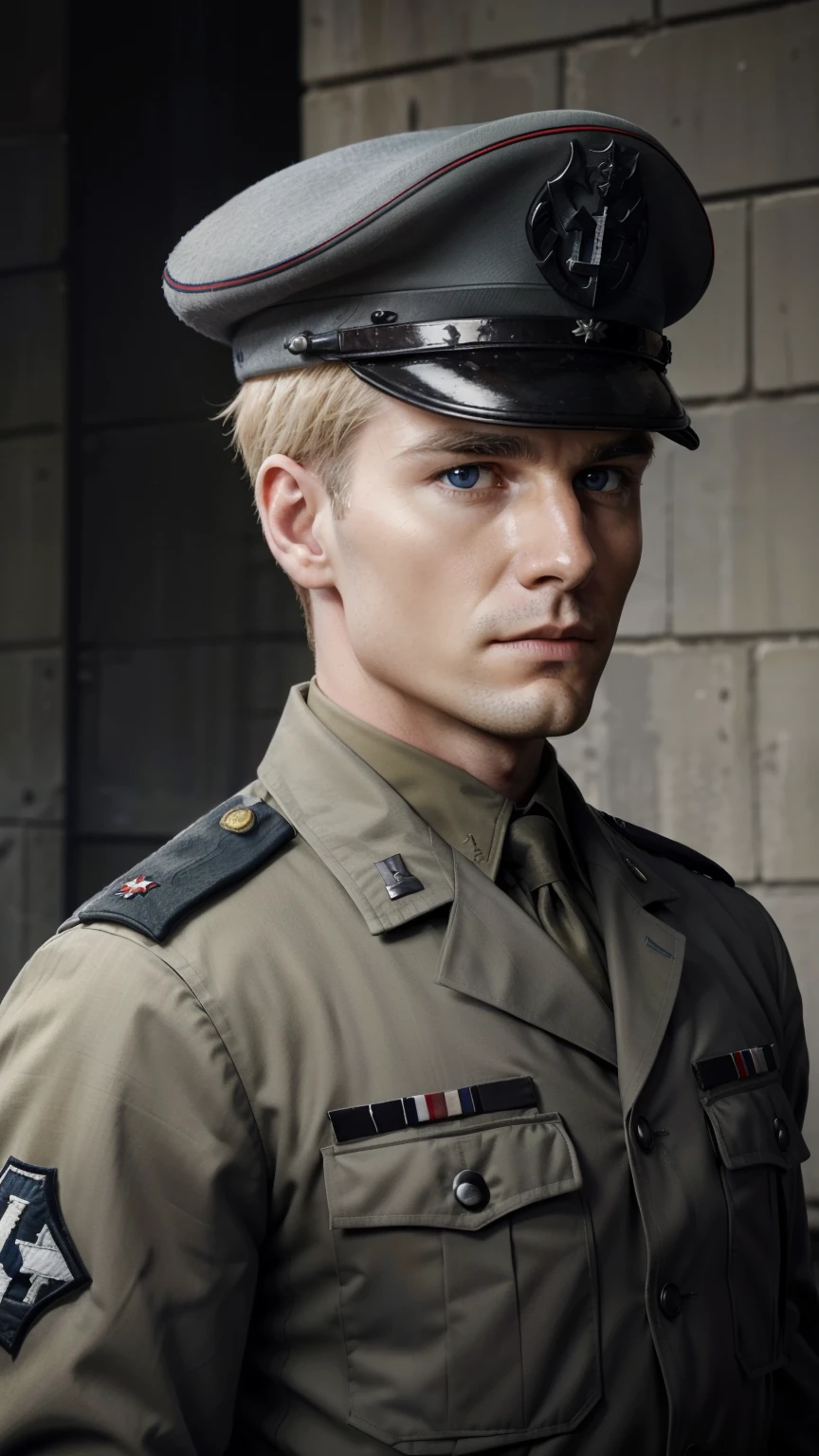 "Craft a vivid narrative depicting a strikingly handsome, blond-haired German military officer who serves as a high-ranking officer in the Waffen-SS during World War II. This officer, adorned in his grey military uniform and topped with a stern military cap, exudes an aura of chilling determination and lethal precision. His icy demeanor and merciless nature are palpable as he navigates the tumultuous landscapes of wartime Europe. Capture the essence of his presence on the battlefield, portraying both his tactical brilliance and the ferocity with which he executes his duties. Explore the complexities of his character, delving into the moral ambiguity that comes with his allegiance and actions within the context of history's most tumultuous conflict." uper fine face, super fine eyes, super fine nose, super fine mouth, perfect face, blue eyes, grey uniform,  uniform, ww2 soldier uniform, ww2 german soldier officer uniform, waffen ss uniform, Wehrmacht uniform, super realistic waffen ss uniform.