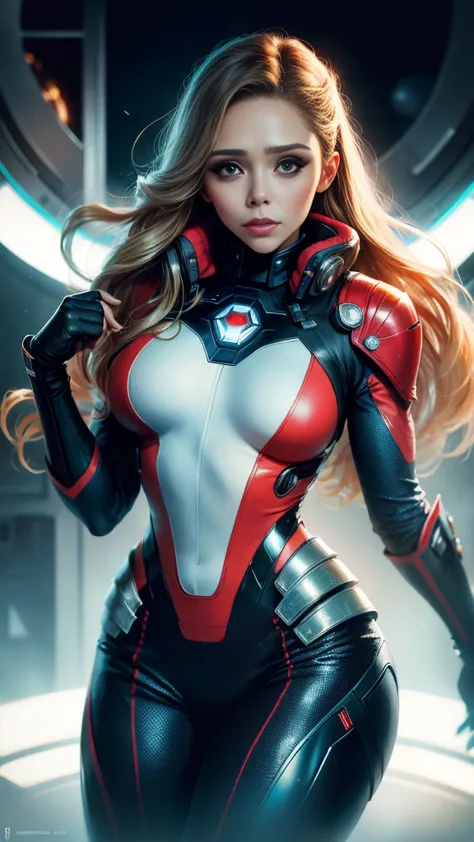 Elizabeth Olsen as the captain of a spaceship, a skyscraper, (inspired by Mass Effect), Spider-Man suit, safety rating, breast e...