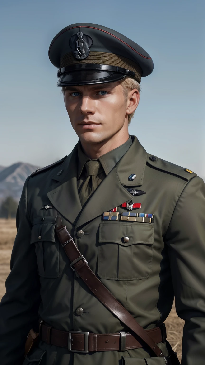 "Craft a vivid narrative depicting a strikingly handsome, blond-haired German military officer who serves as a high-ranking officer in the Waffen-SS during World War II. This officer, adorned in his grey military uniform and topped with a stern military cap, exudes an aura of chilling determination and lethal precision. His icy demeanor and merciless nature are palpable as he navigates the tumultuous landscapes of wartime Europe. Capture the essence of his presence on the battlefield, portraying both his tactical brilliance and the ferocity with which he executes his duties. Explore the complexities of his character, delving into the moral ambiguity that comes with his allegiance and actions within the context of history's most tumultuous conflict." uper fine face, super fine eyes, super fine nose, super fine mouth, perfect face, blue eyes, black uniform,  uniform, ww2 soldier uniform, ww2 german soldier officer uniform, waffen ss uniform, Wehrmacht uniform, super realistic waffen ss uniform.