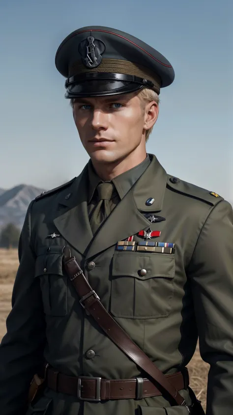 "Craft a vivid narrative depicting a strikingly handsome, blond-haired German military officer who serves as a high-ranking offi...