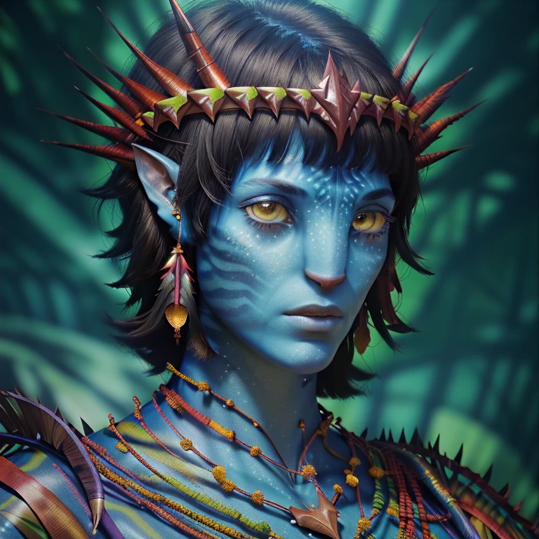 avatar style, (face portrait:1.6), naavi, 1girl, female, yellow eyes, ((big detailed alien eyes:1)), ((eyebrowless)), ((pointy ears)), (navy blue skin tone:1.0), (straight hair:1.0), brown hair color, ((long pixie cut hair)), (young adult), 18 years old, face wrinkles, ((wearing colorful tribal clothing)), (wearing tribal acessories), detailed eyes, toned body, muscled body, vibrant colors, glowing, ethereal atmosphere, surrealistic dreamy lighting, textured skin, otherworldly beauty, mesmerizing photography, (best quality, highres), vivid colors, ultrarealistic, skin details, striped skin, sfw, face close-up:0.5, ultradetailed body, ((blue skin)), intricatedetails