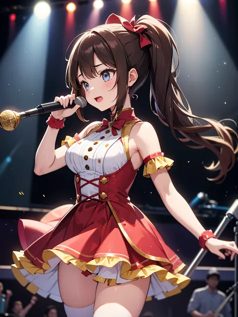 a girl with brown pigtails stands on a band stage, dressed in glittering idol costumes. her sparkling attire reflects the vibran...