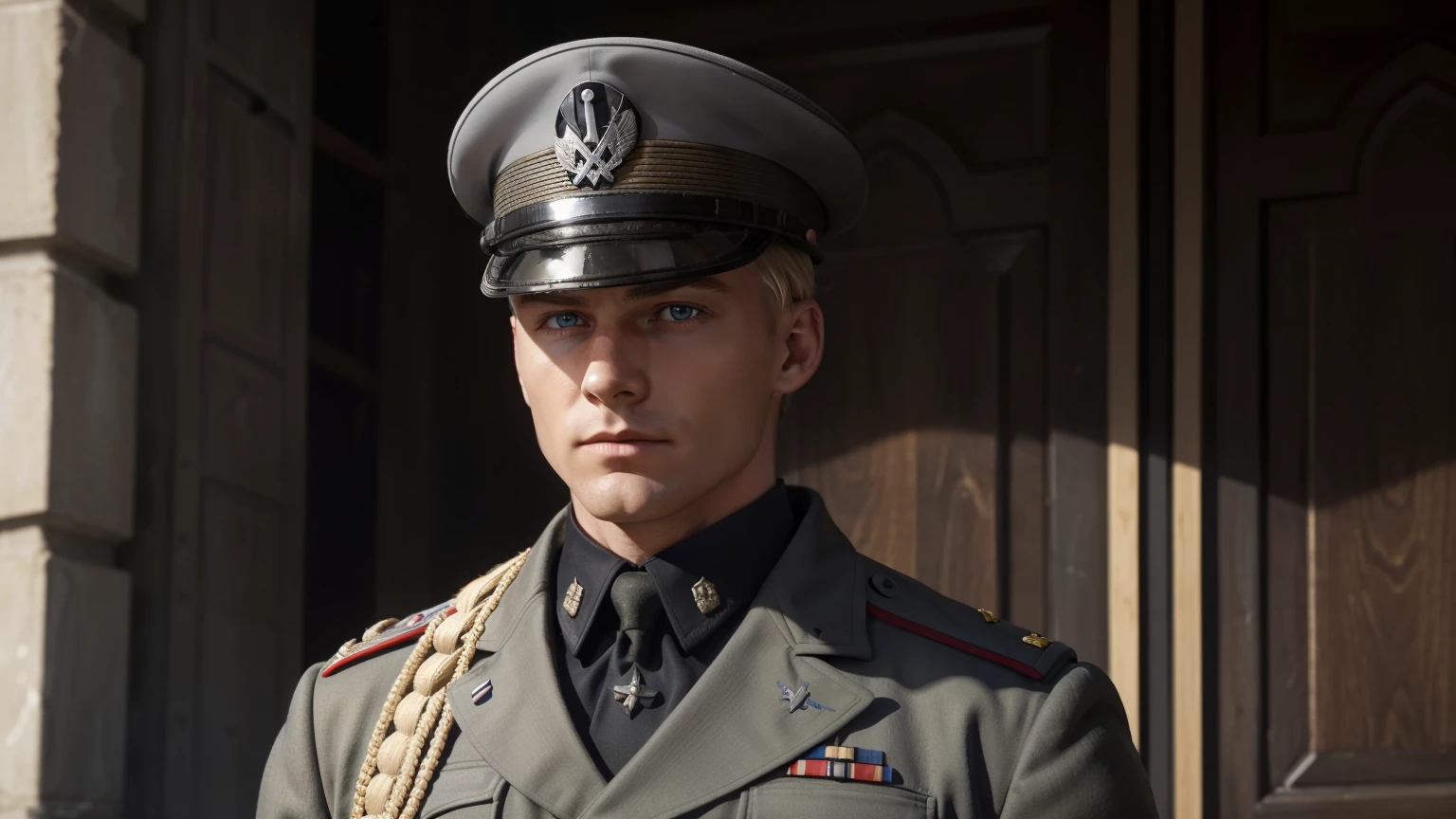 "Craft a vivid narrative depicting a strikingly handsome, blond-haired German military officer who serves as a high-ranking officer in the Waffen-SS during World War II. This officer, adorned in his grey military uniform and topped with a stern military cap, exudes an aura of chilling determination and lethal precision. His icy demeanor and merciless nature are palpable as he navigates the tumultuous landscapes of wartime Europe. Capture the essence of his presence on the battlefield, portraying both his tactical brilliance and the ferocity with which he executes his duties. Explore the complexities of his character, delving into the moral ambiguity that comes with his allegiance and actions within the context of history's most tumultuous conflict." uper fine face, super fine eyes, super fine nose, super fine mouth, perfect face, blue eyes, black uniform,  uniform, ww2 soldier uniform, ww2 german soldier officer uniform, waffen ss uniform, Wehrmacht uniform, super realistic waffen ss uniform.