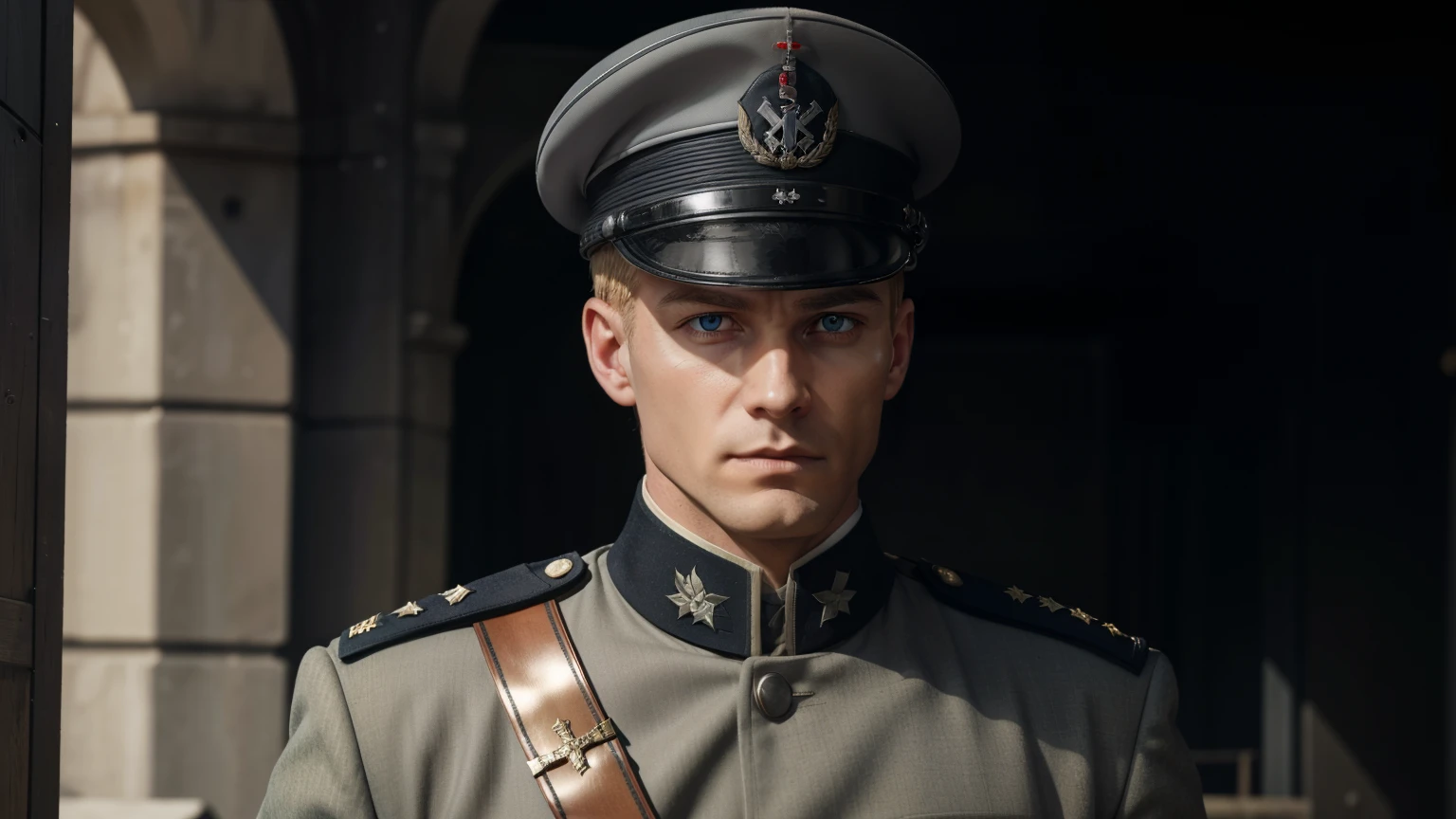 "Craft a vivid narrative depicting a strikingly handsome, blond-haired German military officer who serves as a high-ranking officer in the Waffen-SS during World War II. This officer, adorned in his grey military uniform and topped with a stern military cap, exudes an aura of chilling determination and lethal precision. His icy demeanor and merciless nature are palpable as he navigates the tumultuous landscapes of wartime Europe. Capture the essence of his presence on the battlefield, portraying both his tactical brilliance and the ferocity with which he executes his duties. Explore the complexities of his character, delving into the moral ambiguity that comes with his allegiance and actions within the context of history's most tumultuous conflict." uper fine face, super fine eyes, super fine nose, super fine mouth, perfect face, blue eyes, black uniform,  uniform, ww2 soldier uniform, ww2 german soldier officer uniform, waffen ss uniform, Wehrmacht uniform, super realistic waffen ss uniform.