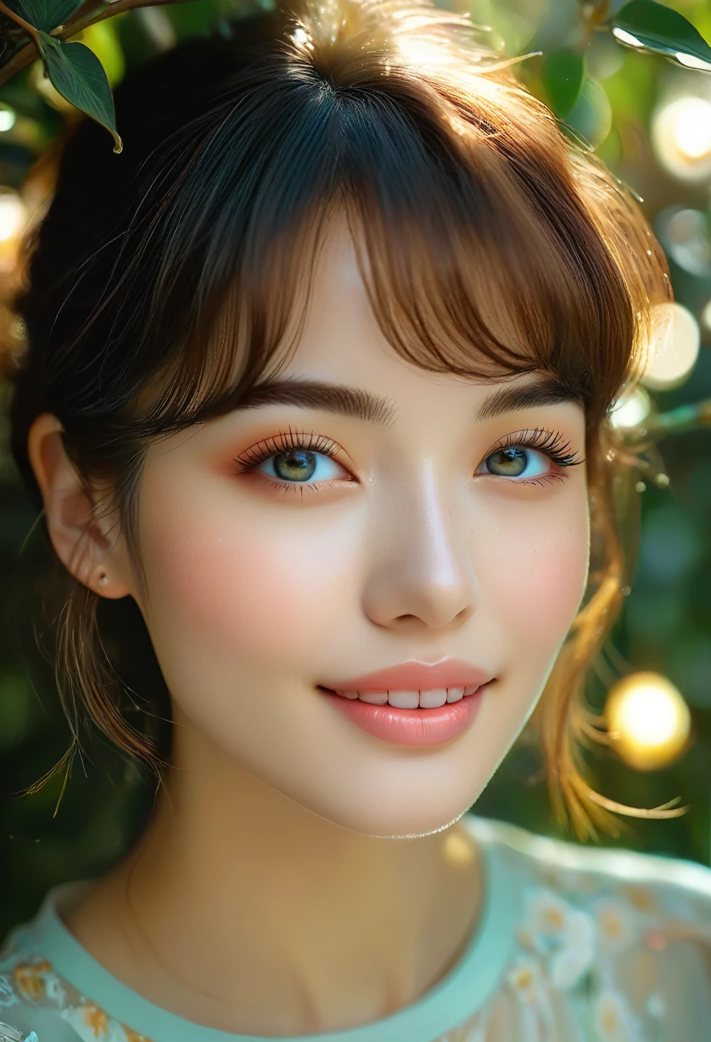 (Top Quality, Super Detailed, Realistic: 1.37), Beautiful Detailed Eyes, Beautiful Detailed Lips, Highly Detailed Face, Long Eyelashes, 1 Girl, 18 Years Old, French-Japanese mix, lapis lazuli eyes, Soft Whisper, Dreamy Gaze, lightness, perfect skin, pure innocence, delicate features, youthful radiance, elegant charm, charismatic presence, (short hair:1.5), (Straight across bangs:1.4), graceful beauty, feminine elegance, charming A smile, a captivating aura, a radiant personality, vibrant energy, a subtle color palette, a touch of fantasy, a magical glow, a garden arbor background, the faint scent of flowers, soft sunlight filtering through the trees, a peaceful atmosphere, Whimsical art style, sublime compositions, delicate brushstrokes, impressionistic details, subtle contrasts, cultural fusion, magic realism, vibrant colors, and mesmerizing portraits. (wearing T-shirt:1.2), (symmetrical faces:1.3).moist skin, detailed skin texture, (There are faint freckles:1.0), mystical aura, sparkling, dynamic angle, White skin, high nose, thick eyebrows, (good anatomy:0.5), (dreamy atmosphere:1.1), (Subtle colors and tones:1.2), mystical aura, (cinematic lighting:1.6)