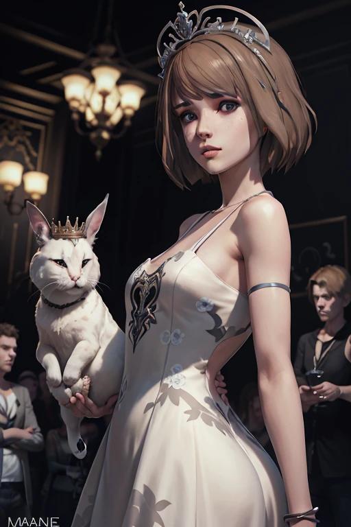 Una fotografía muestra a Maxine Caulfield de Life Is Strange, llevando una corona blanca de espinas, con un vestido negro Versace Medusa &#39;95, ella está de espaldas mientras sostiene un conejo blanco, el fondo es marrón con pequeñas nubes color avellana, cuerpo detallado, ropa detallada, cara detallada, luz natural.