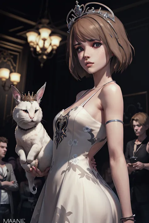 A photograph shows Maxine Caulfield from Life Is Strange, wearing a white crown of thorns, wearing a Versace Medusa '95 party bl...